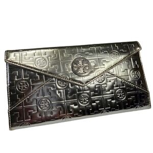 Tory Burch Silver Metallic Envelope Clutch Bag Embossed Genuine Leather Preppy